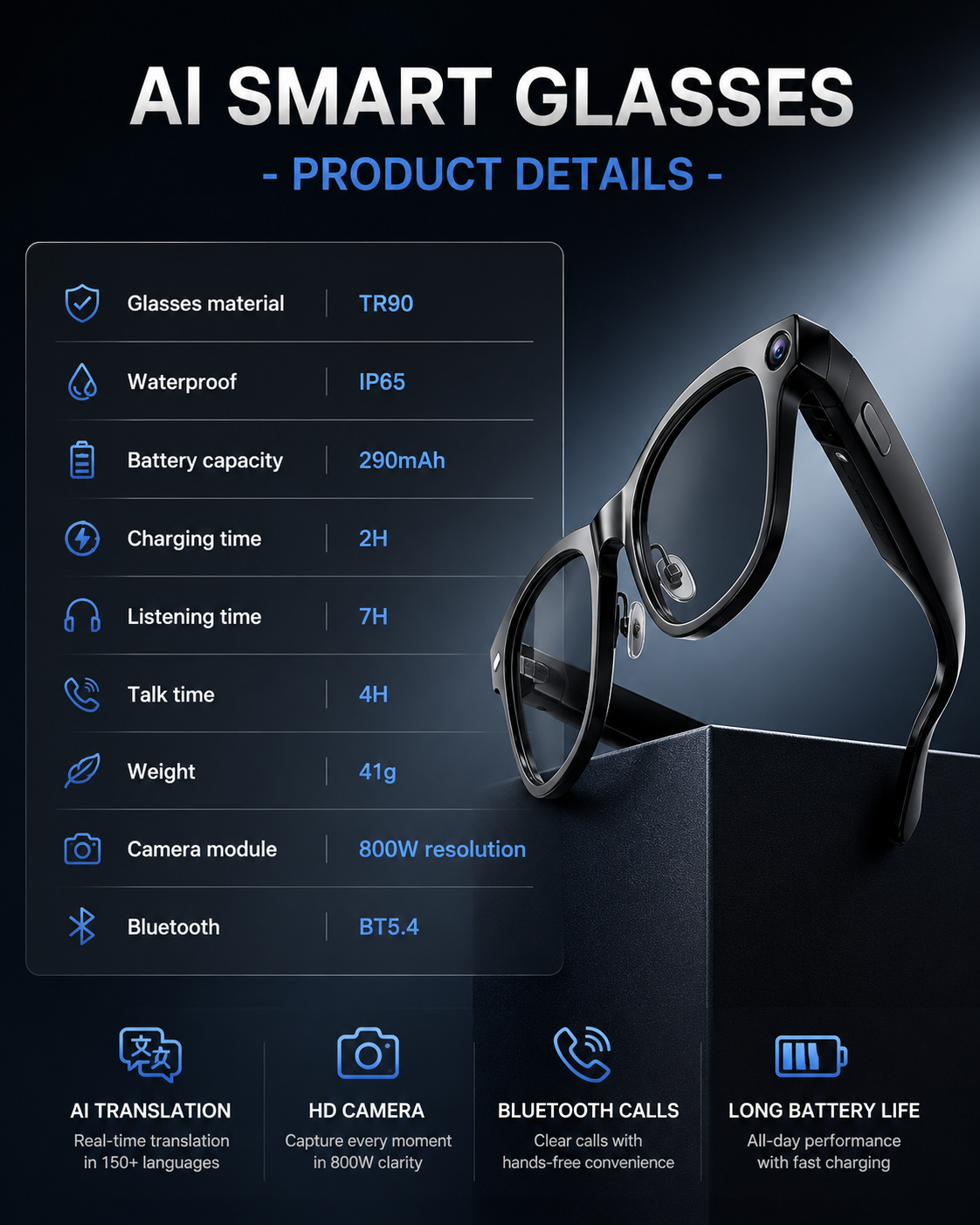 AI Smart Glasses with 4K Camera & Bluetooth Connectivity