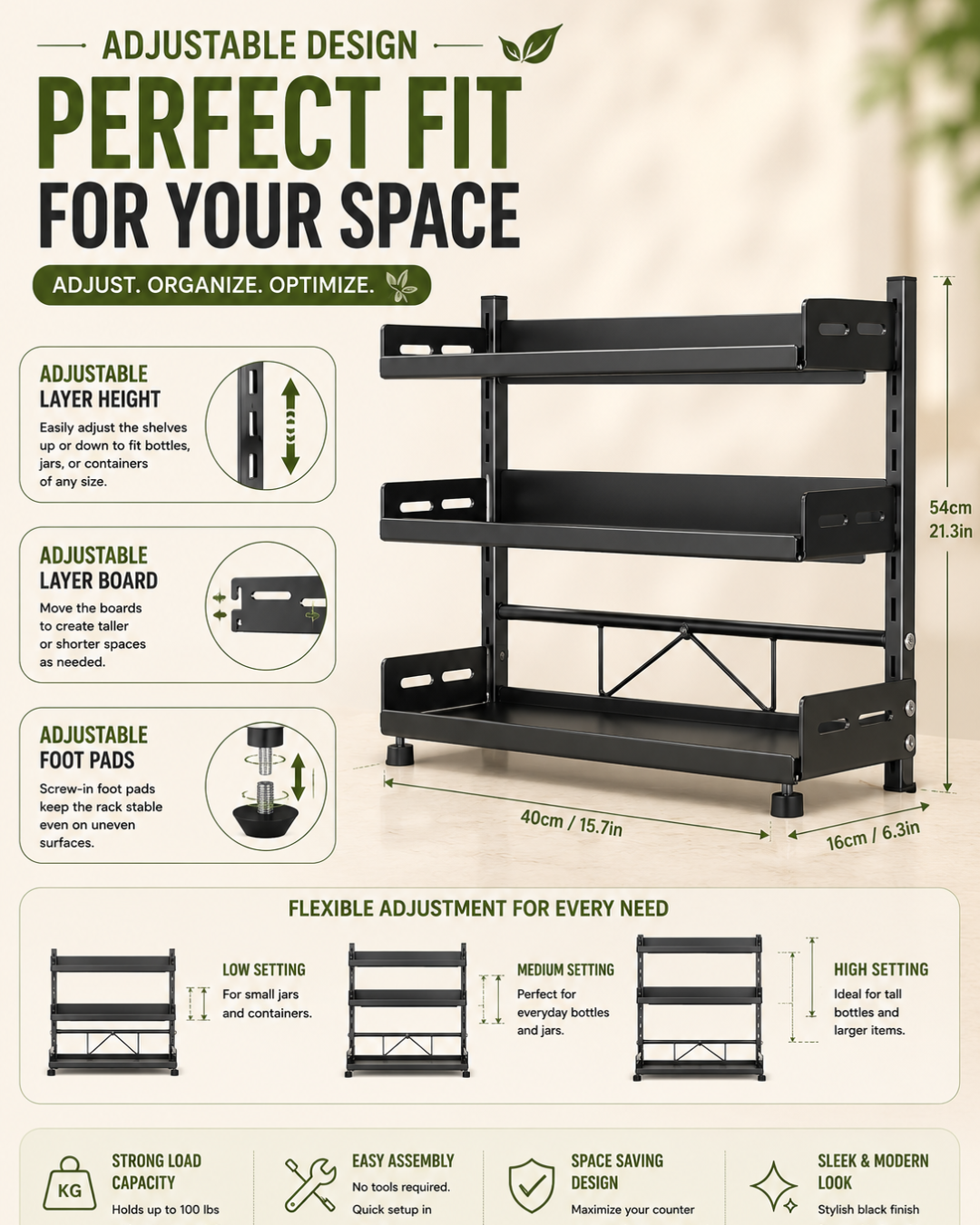 3‑Tier Adjustable Metal Spice Rack