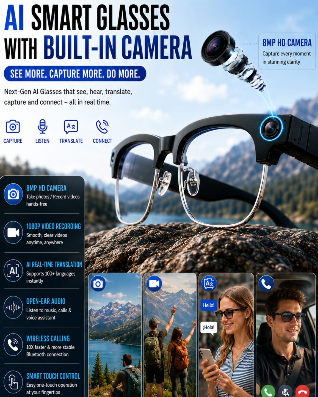 AI Smart Glasses with HD Camera, Bluetooth & Colour‑Changing Lenses