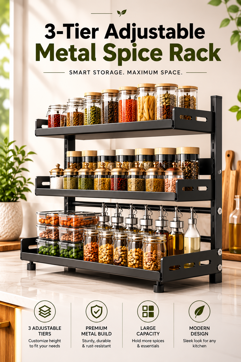 3‑Tier Adjustable Metal Spice Rack