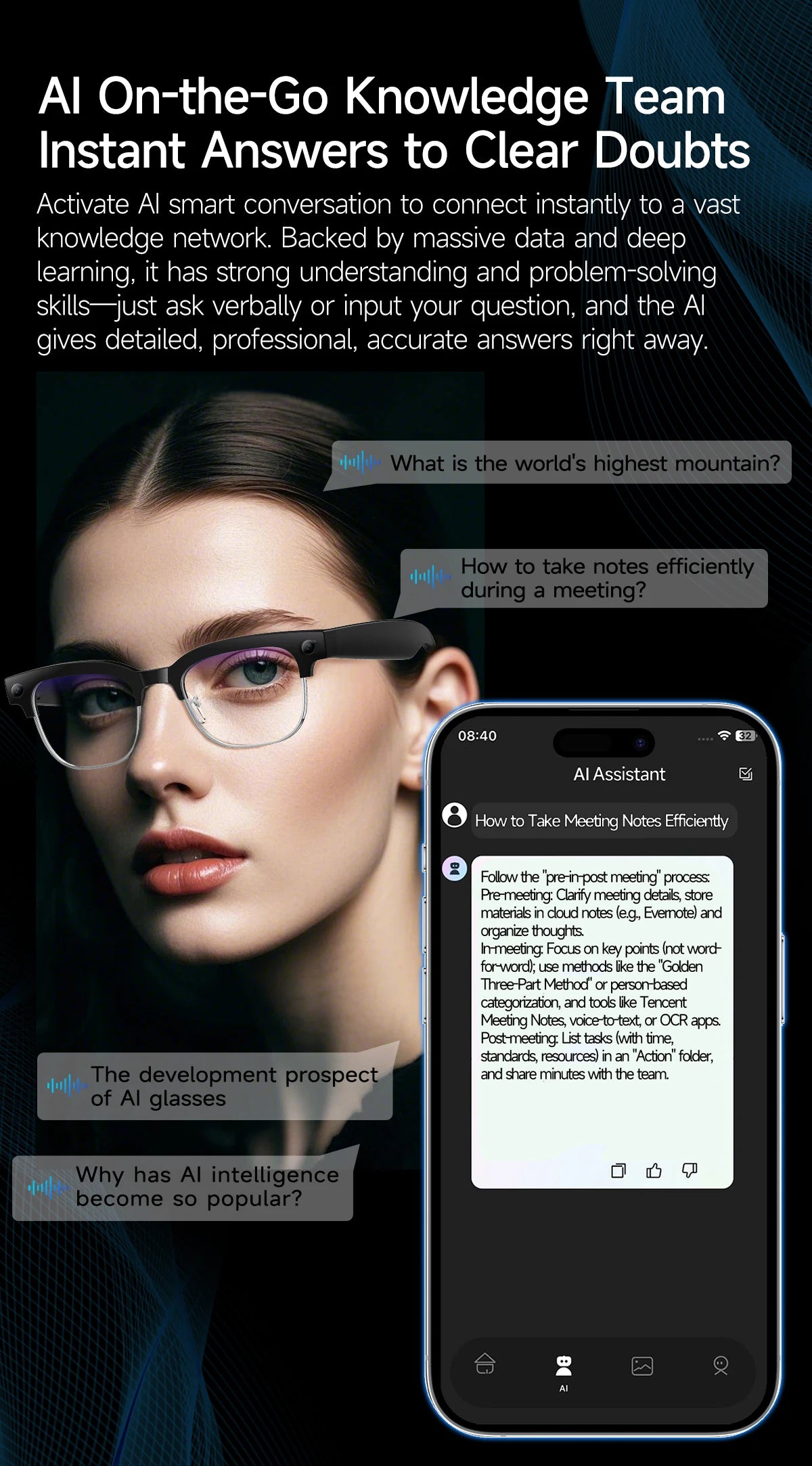 AI Smart Glasses with HD Camera, Bluetooth & Colour‑Changing Lenses