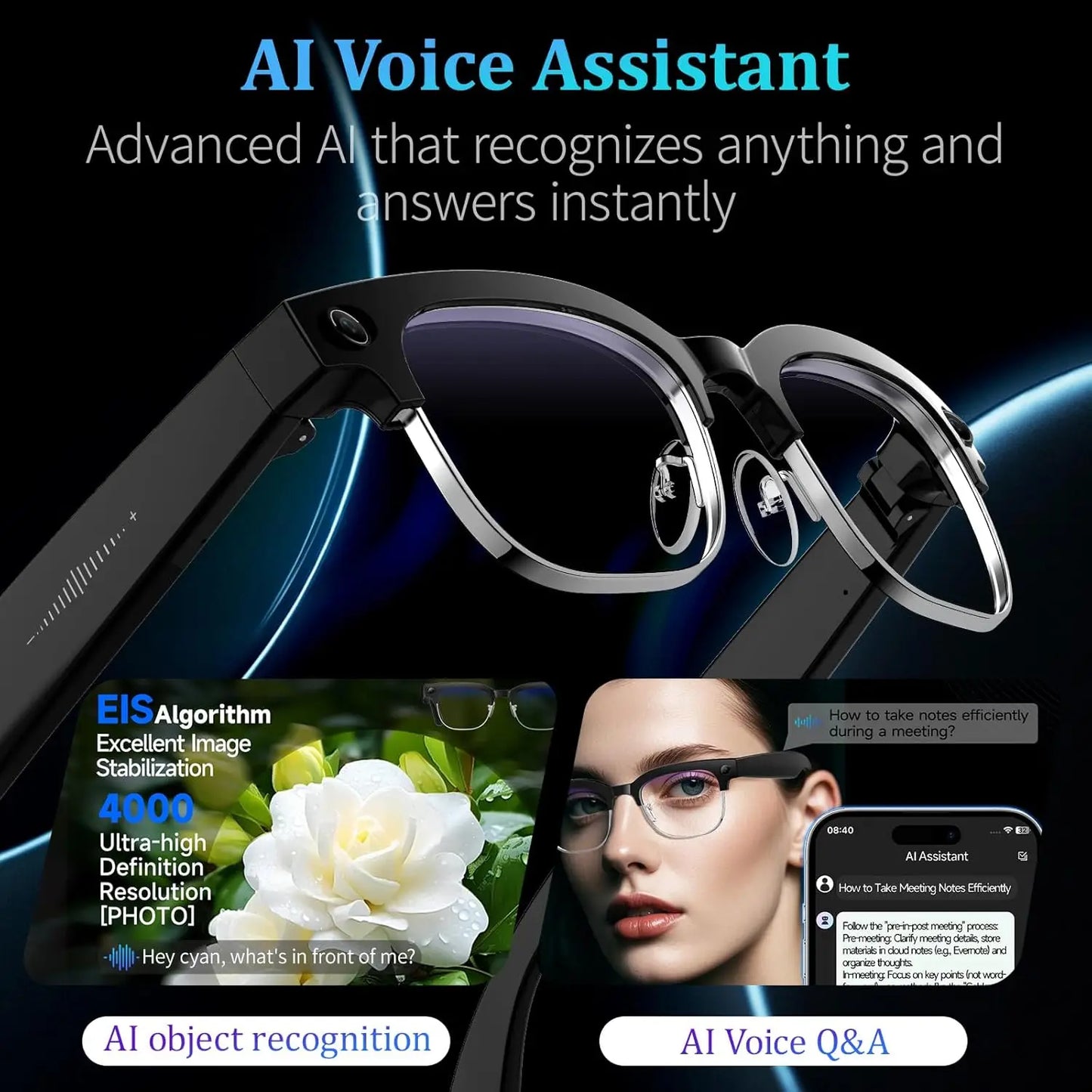 AI Smart Glasses with HD Camera, Bluetooth & Colour‑Changing Lenses