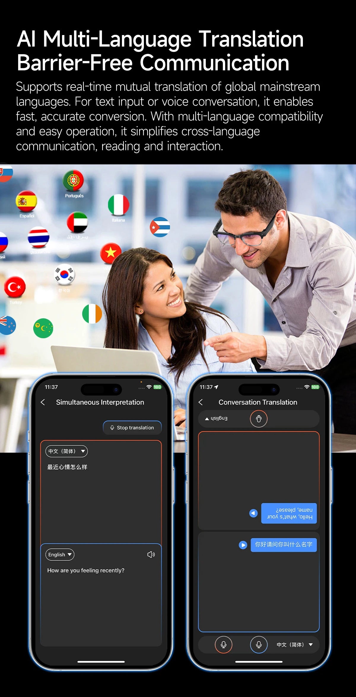AI Smart Glasses with HD Camera, Bluetooth & Colour‑Changing Lenses