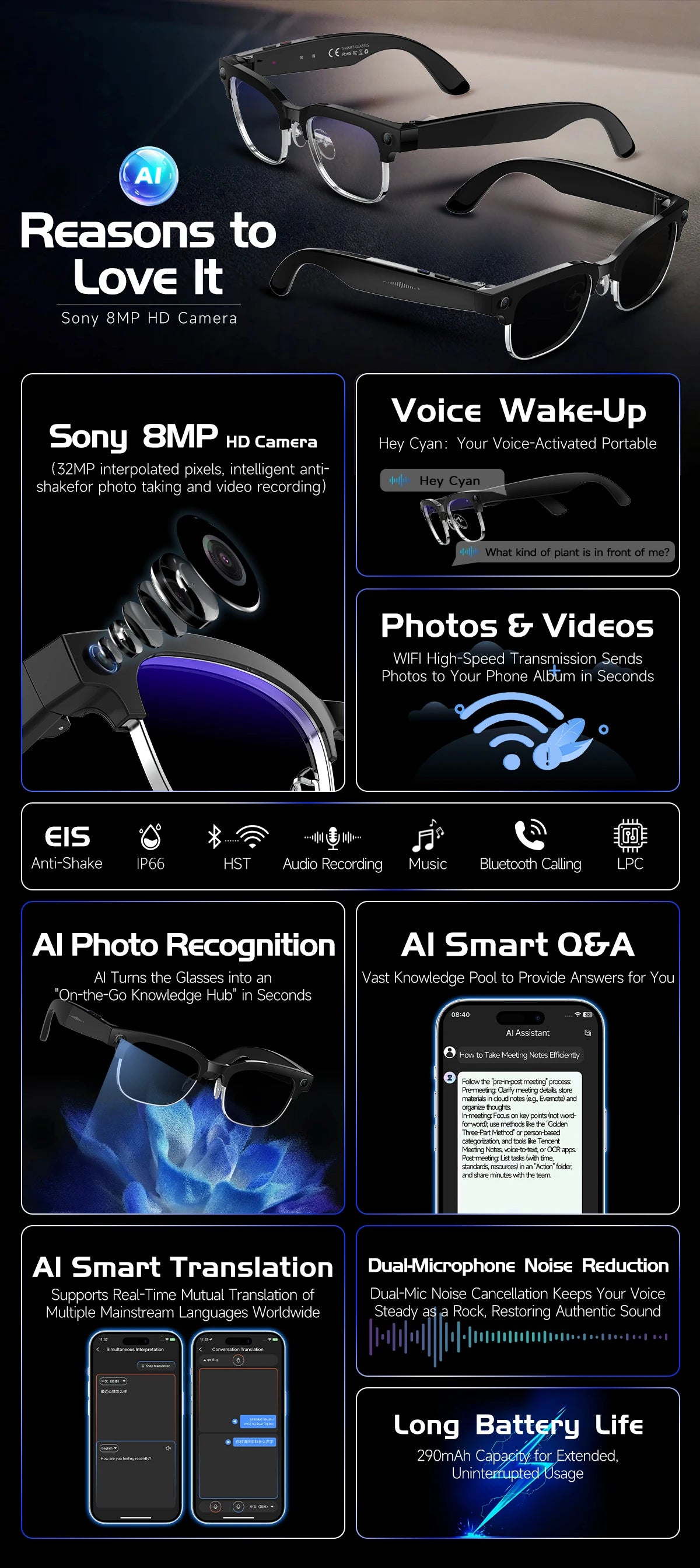 AI Smart Glasses with HD Camera, Bluetooth & Colour‑Changing Lenses