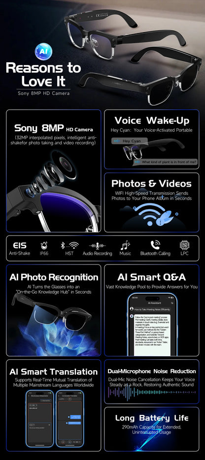 AI Smart Glasses with HD Camera, Bluetooth & Colour‑Changing Lenses