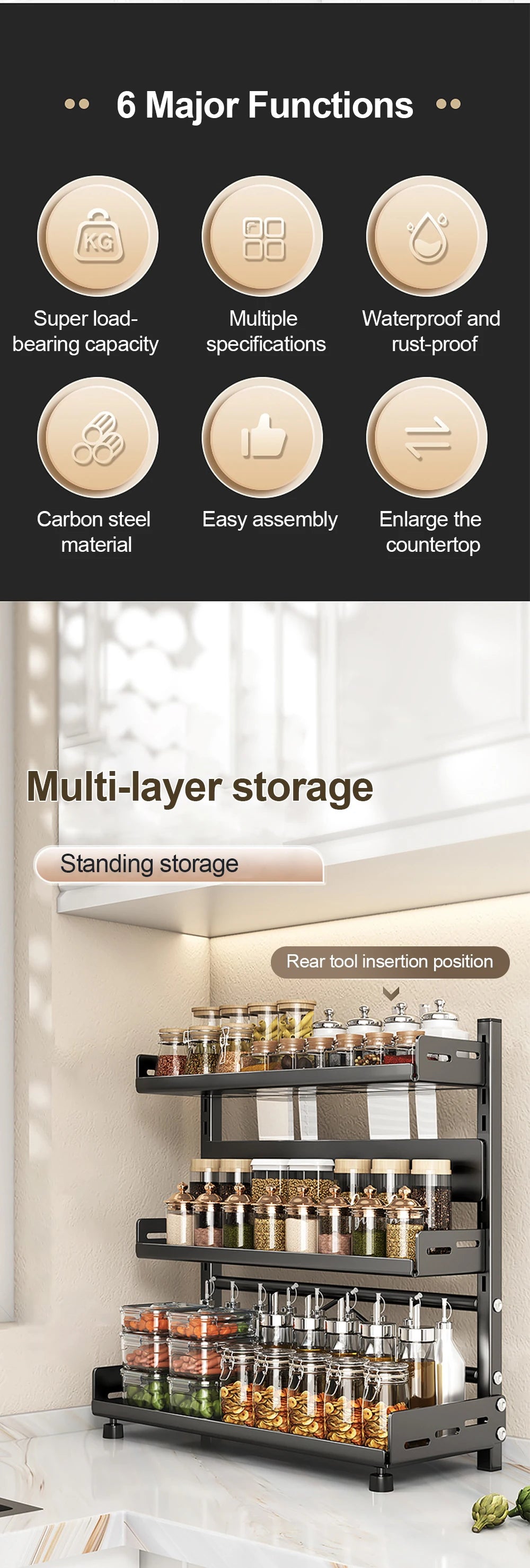 3‑Tier Metal Spice Rack Countertop Kitchen Shelf