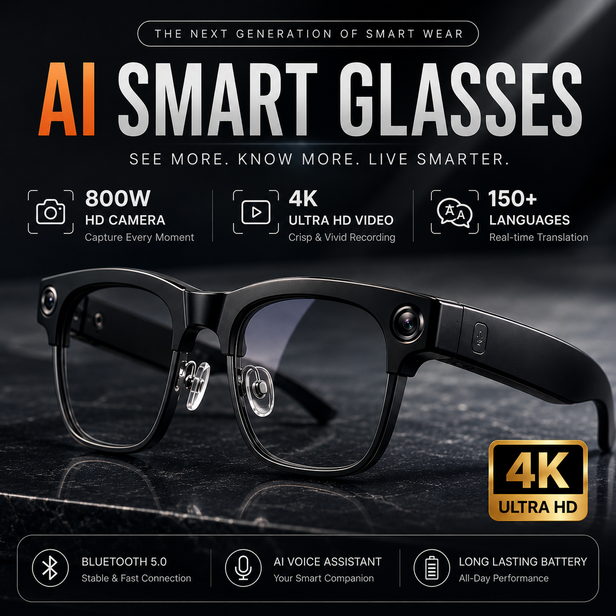 AI Smart Glasses with 4K Camera &  Bluetooth Connectivity
