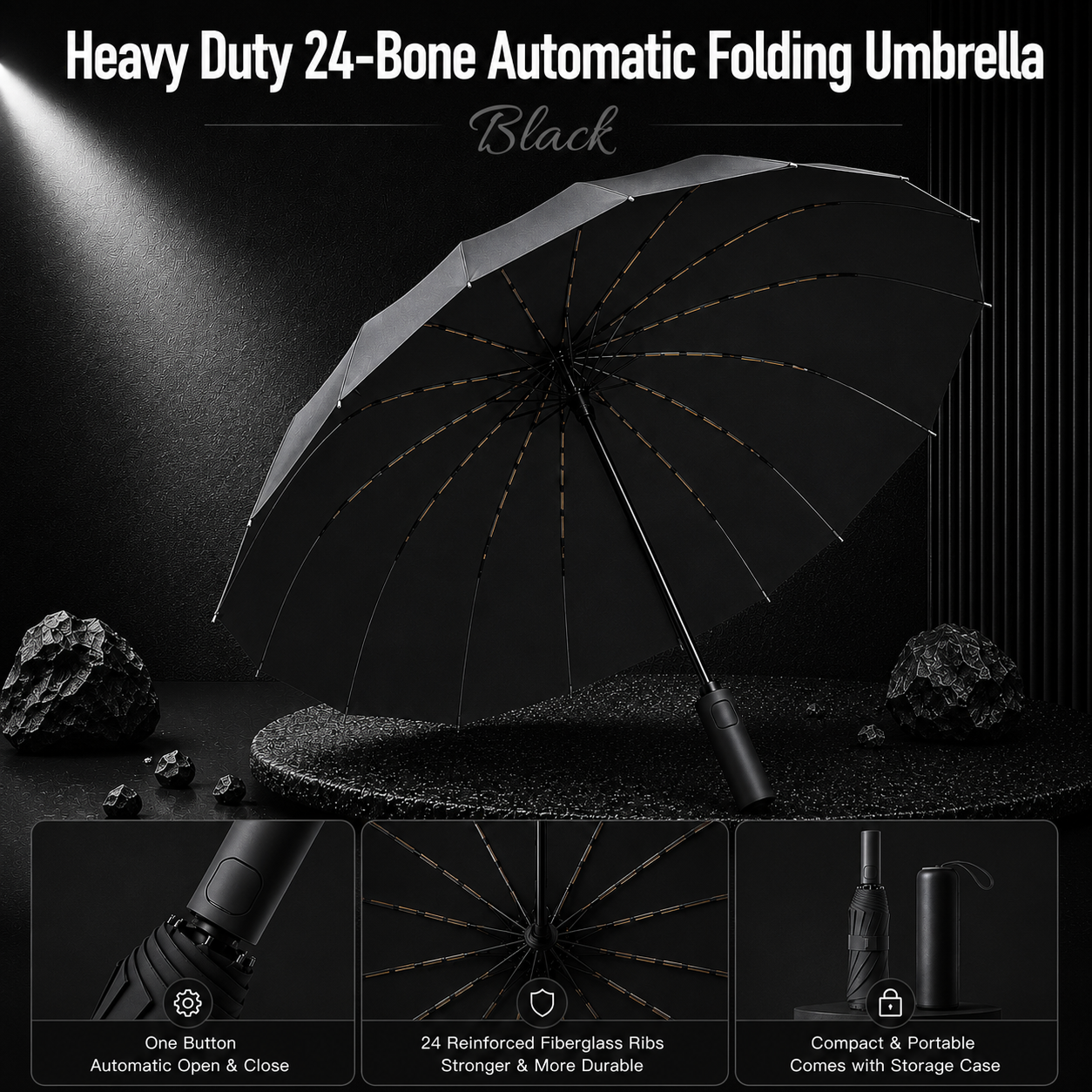 Heavy Duty 24‑Bone Auto Folding Umbrella