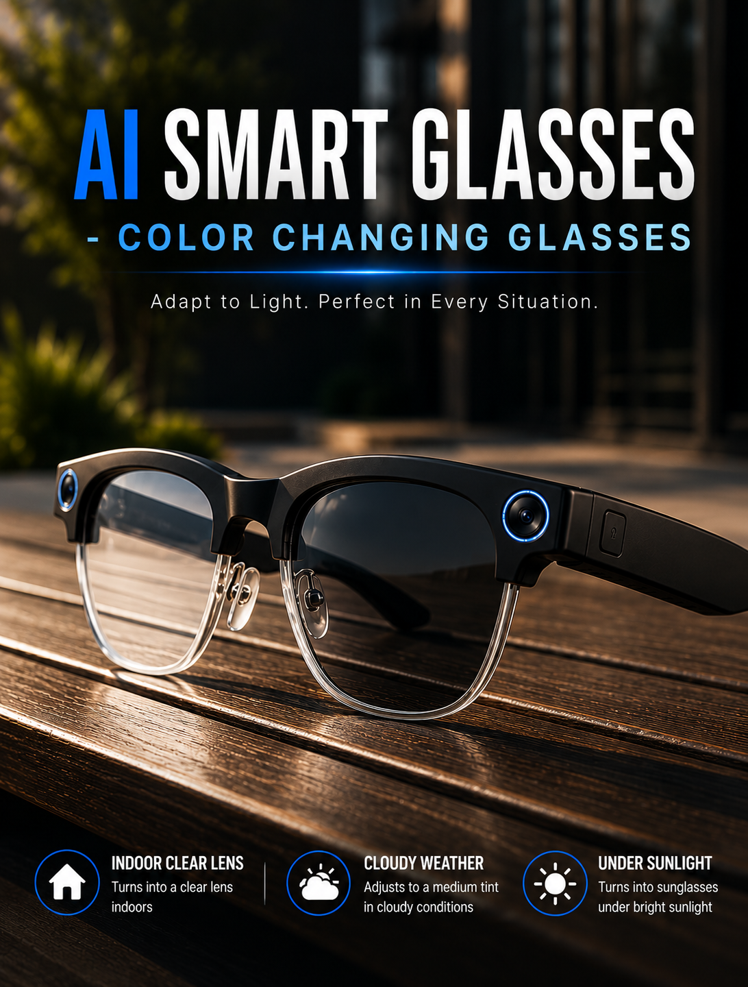 AI Smart Glasses with HD Camera, Bluetooth & Colour‑Changing Lenses