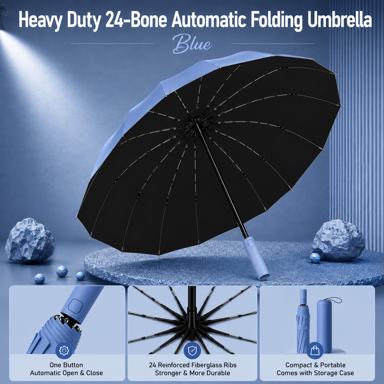 Heavy Duty 24‑Bone Auto Folding Umbrella
