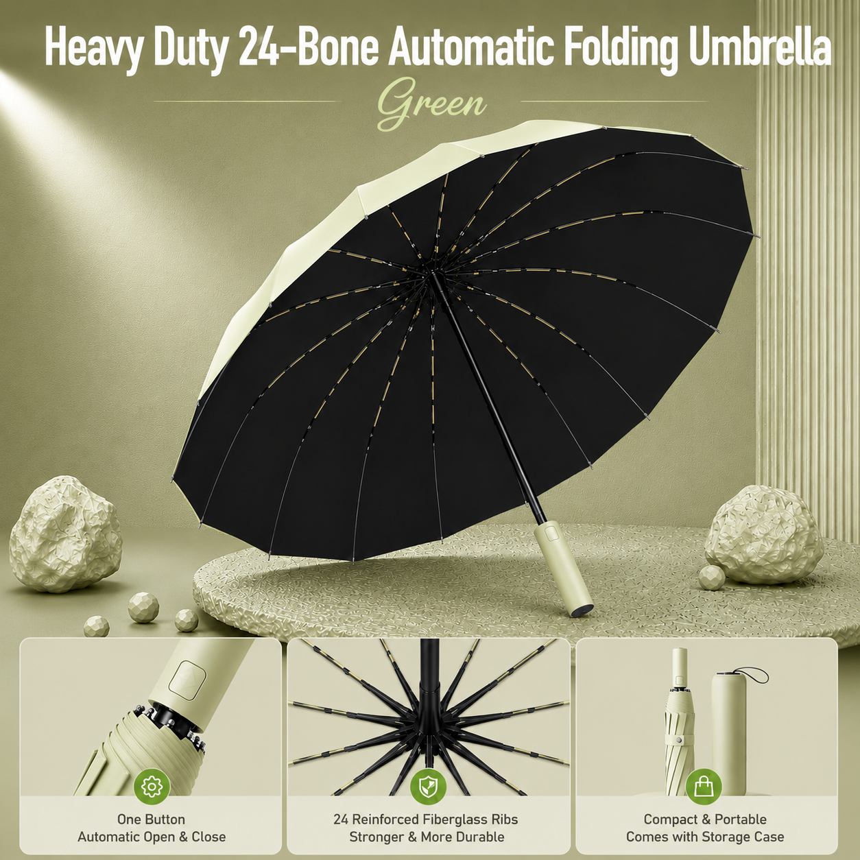 Heavy Duty 24‑Bone Auto Folding Umbrella