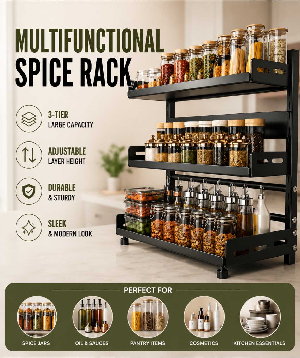 3‑Tier Adjustable Metal Spice Rack